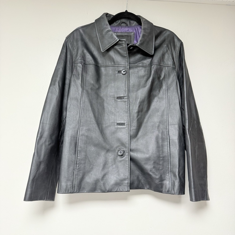 Mossimo Black Genuine Leather Jacket Womens XL Purple‎ Lining Button  RN17730